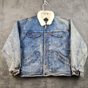 VTG 90s Sherpa Lined Denim Chore Jacket Mens Large Blue Jean Snap Front Workwear